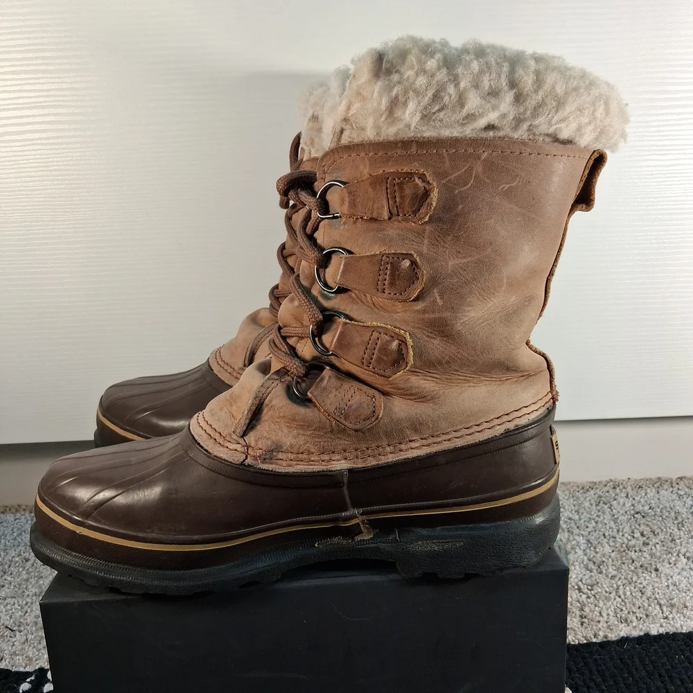 Vintage Sorel Alpine Men's Leather Winter Boots Wool Shearling Lining Size 9